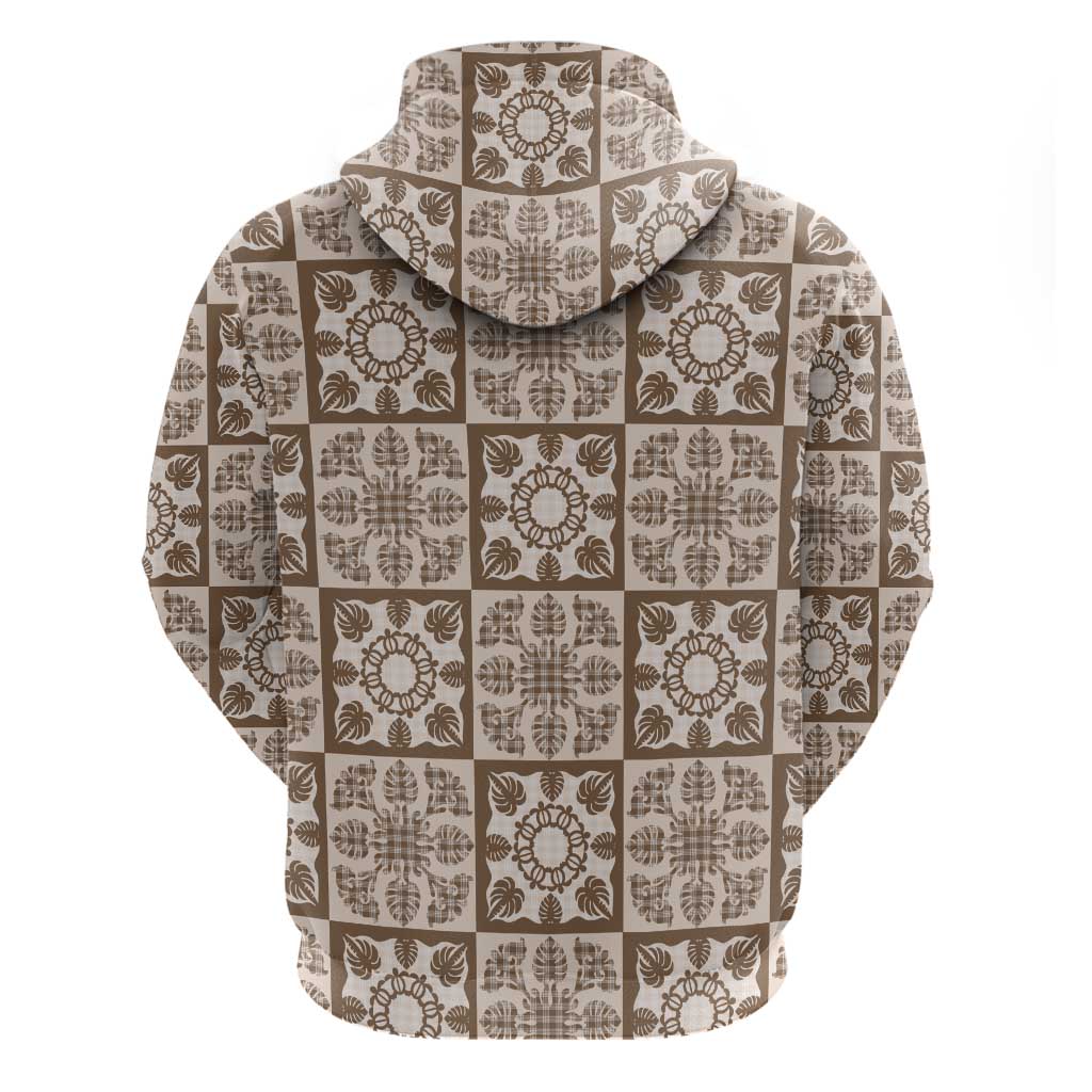 Beige Palaka Quilt Hawaii Zip Hoodie Hawaiian Tropical Monstera Sea Turtle LT14 - Polynesian Pride