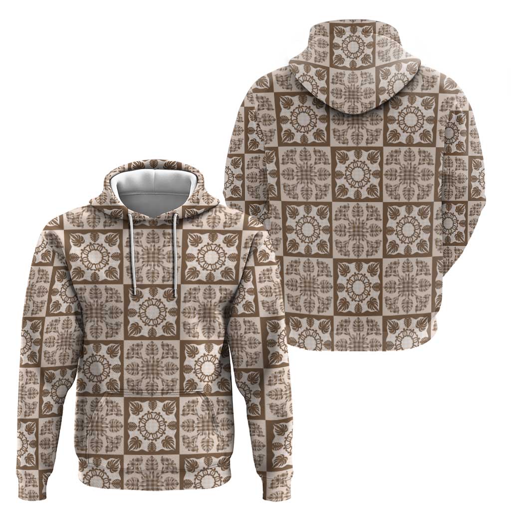 Beige Palaka Quilt Hawaii Zip Hoodie Hawaiian Tropical Monstera Sea Turtle LT14 - Polynesian Pride