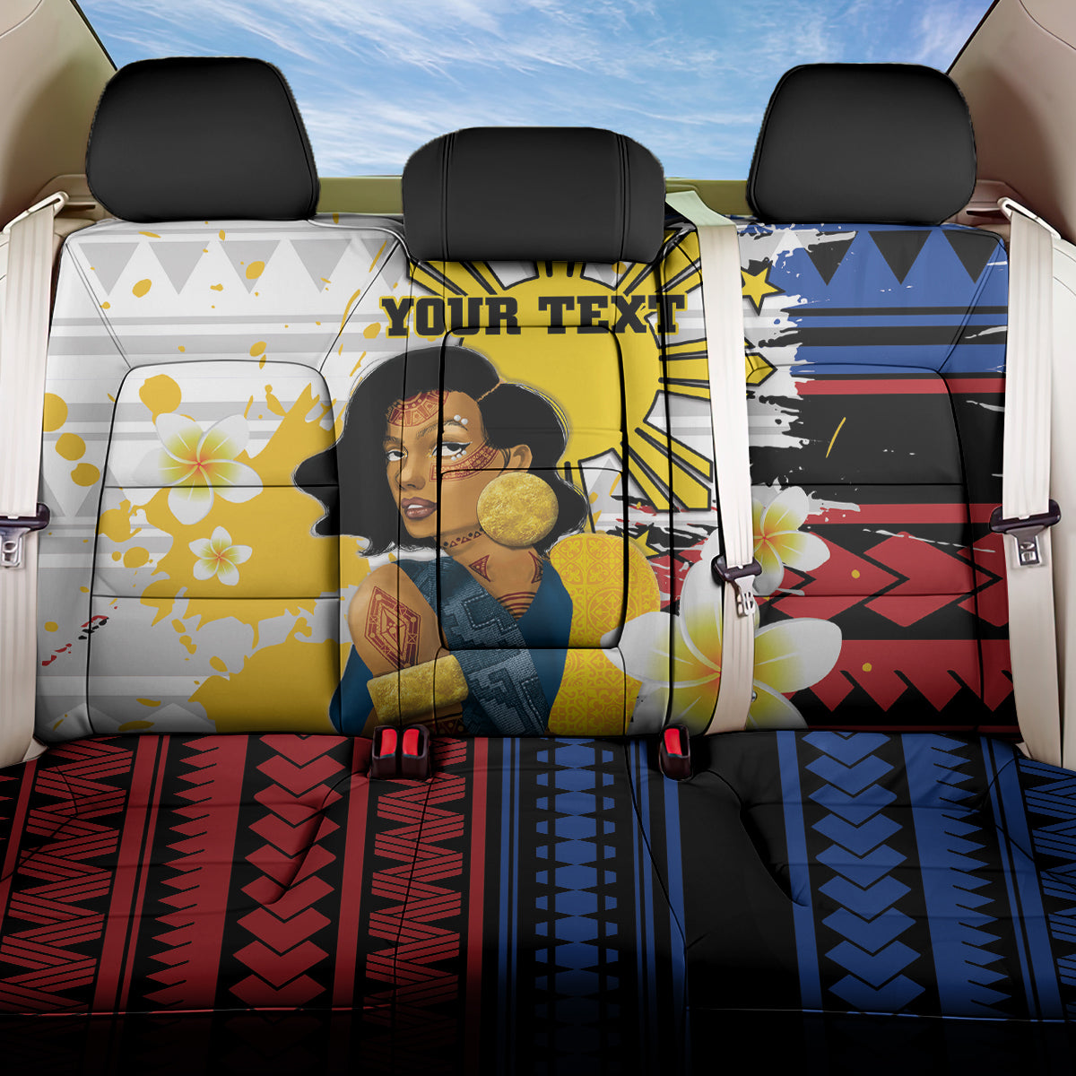 Personalised Philippines Women's Day Back Car Seat Cover Filipino Golden Sun With Polynesian Pattern LT14