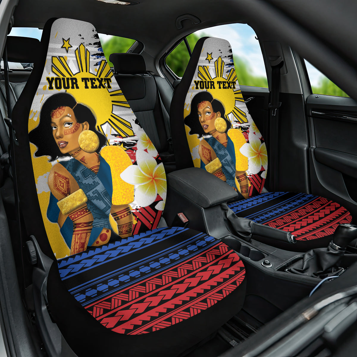 Personalised Philippines Women's Day Car Seat Cover Filipino Golden Sun With Polynesian Pattern
