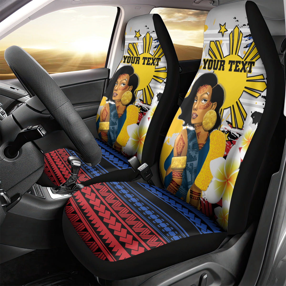 Personalised Philippines Women's Day Car Seat Cover Filipino Golden Sun With Polynesian Pattern