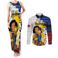 Personalised Philippines Women's Day Couples Matching Tank Maxi Dress and Long Sleeve Button Shirt Filipino Golden Sun With Polynesian Pattern LT14 Red - Polynesian Pride