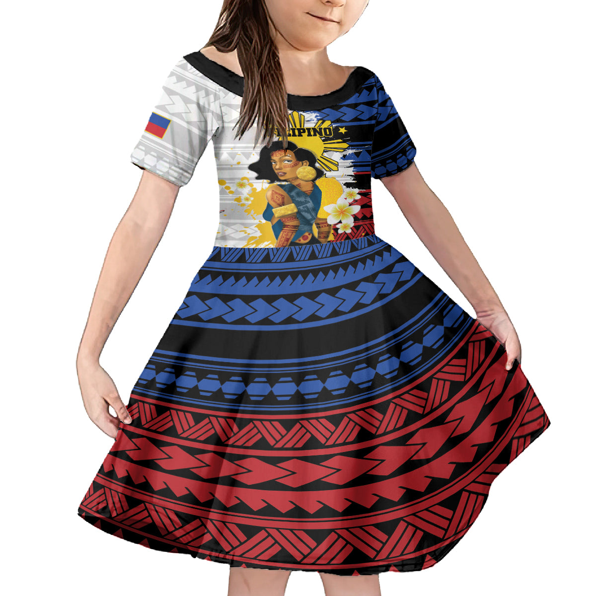 Personalised Philippines Women's Day Kid Short Sleeve Dress Filipino Golden Sun With Polynesian Pattern LT14 KID Red - Polynesian Pride