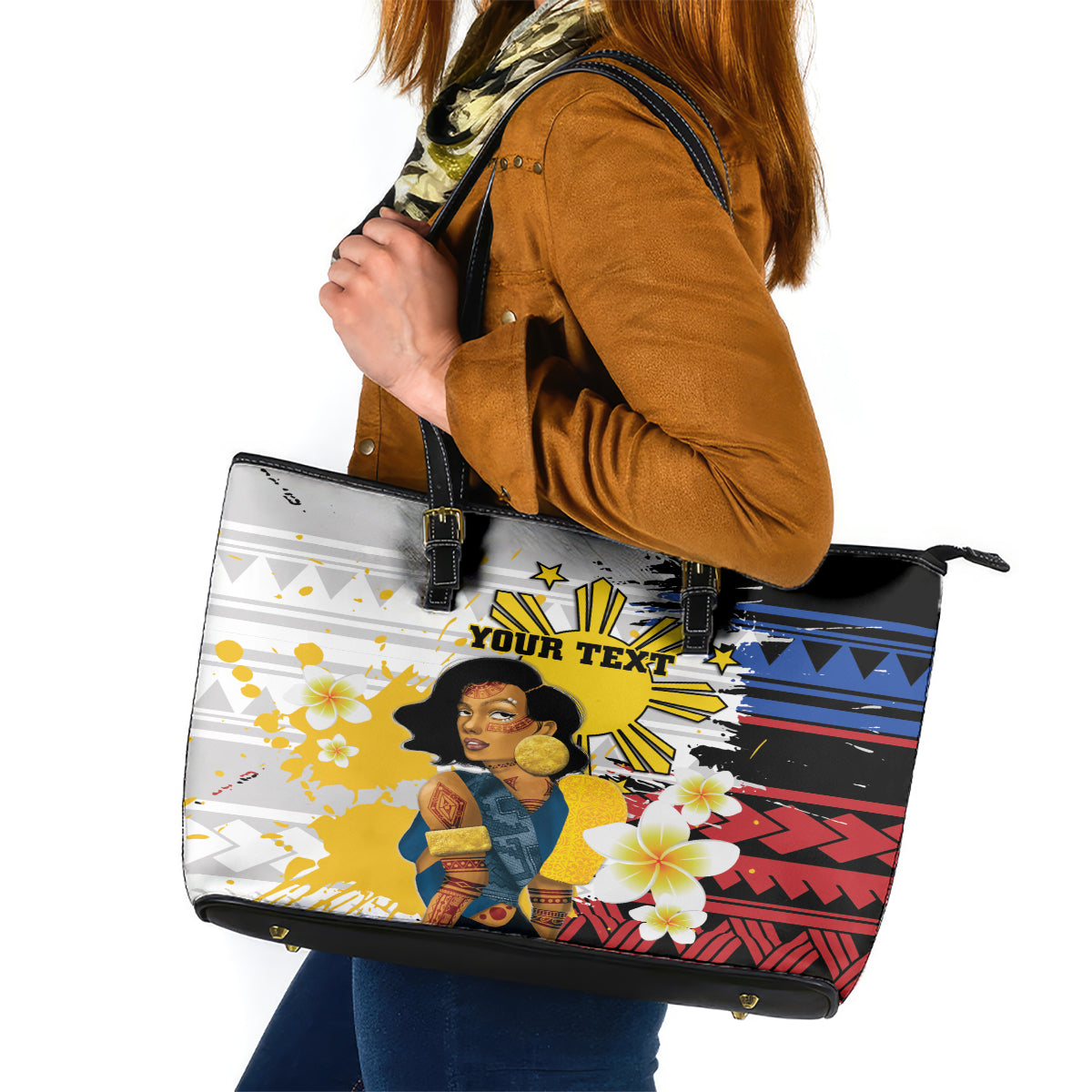 Personalised Philippines Women's Day Leather Tote Bag Filipino Golden Sun With Polynesian Pattern LT14 Red - Polynesian Pride