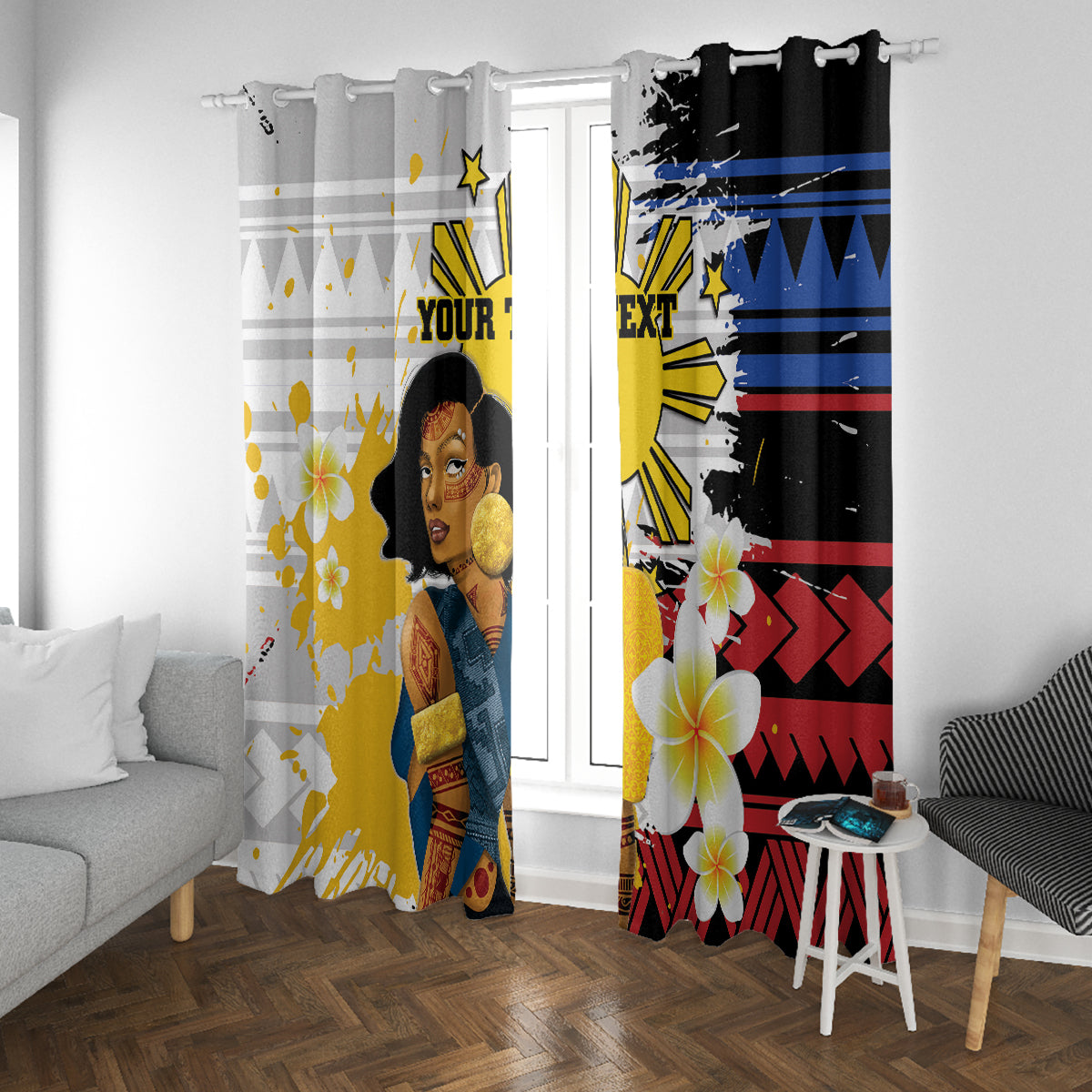 Personalised Philippines Women's Day Window Curtain Filipino Golden Sun With Polynesian Pattern LT14 With Grommets Red - Polynesian Pride