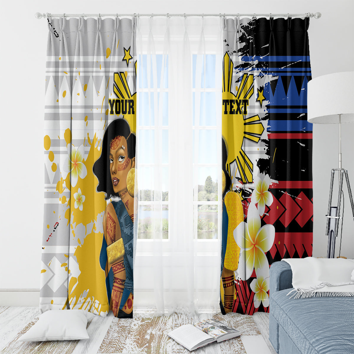 Personalised Philippines Women's Day Window Curtain Filipino Golden Sun With Polynesian Pattern LT14 - Polynesian Pride