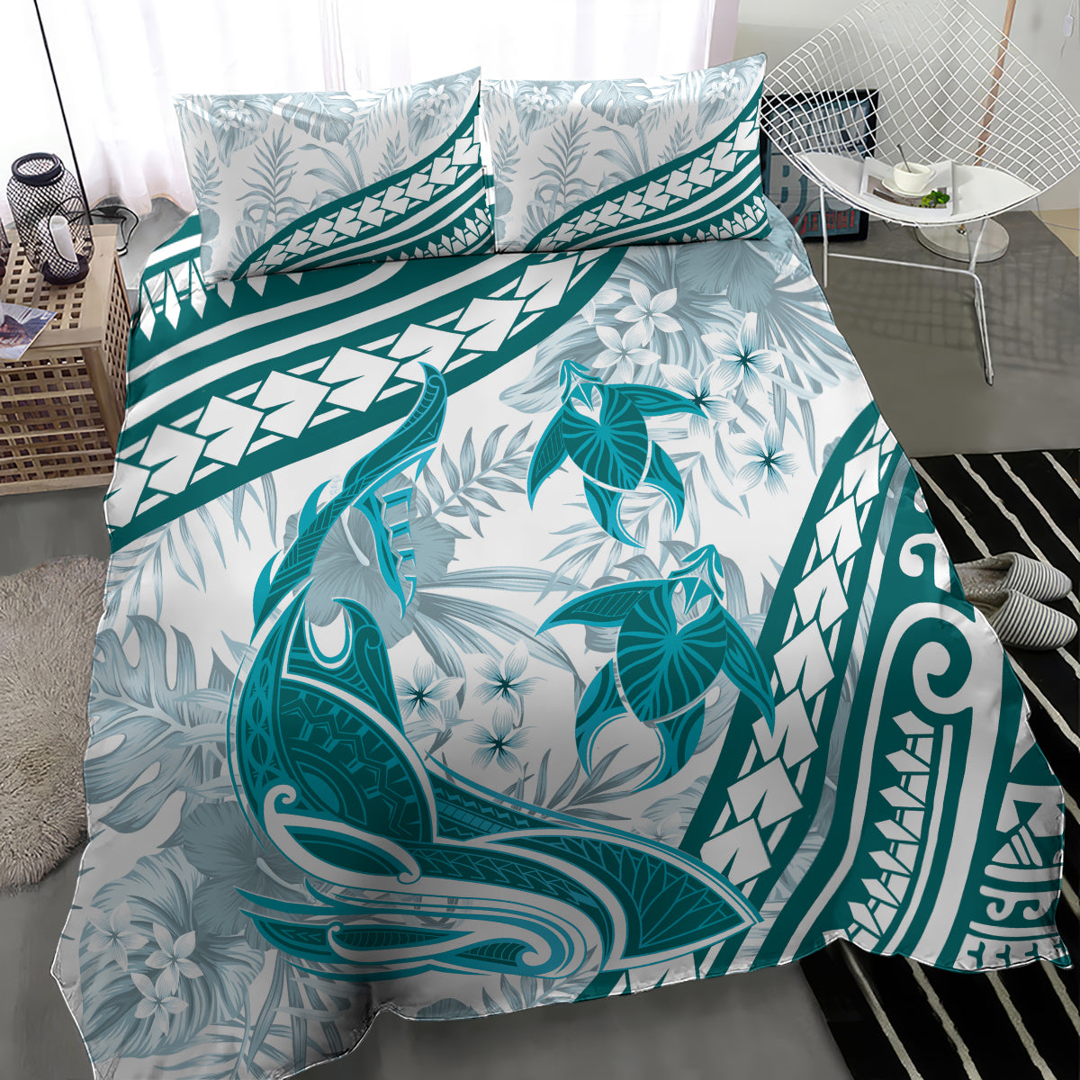 Cyan Polynesia Bedding Set Polynesian Turtle Shark Tattoo Tropical Vintage