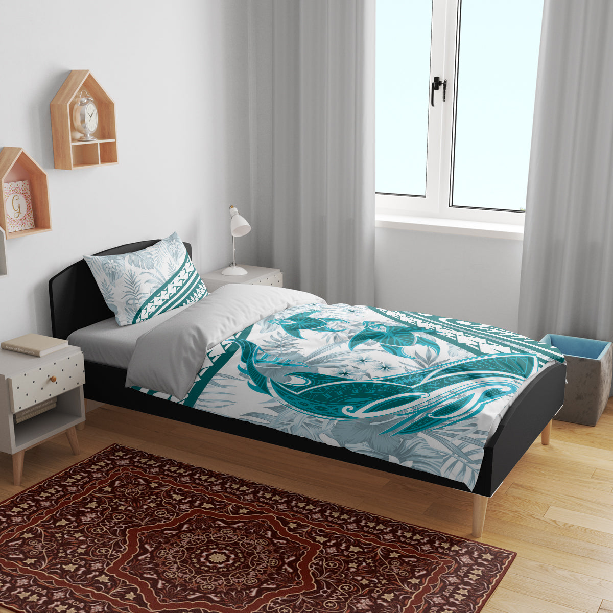 Cyan Polynesia Bedding Set Polynesian Turtle Shark Tattoo Tropical Vintage