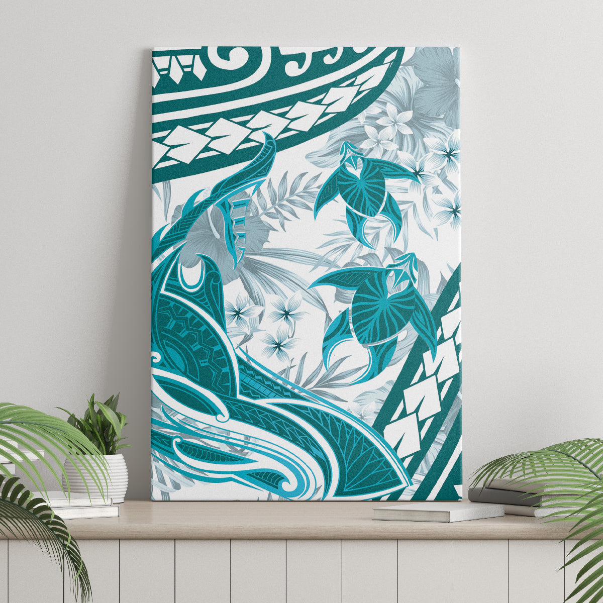 Cyan Polynesia Canvas Wall Art Polynesian Turtle Shark Tattoo Tropical Vintage