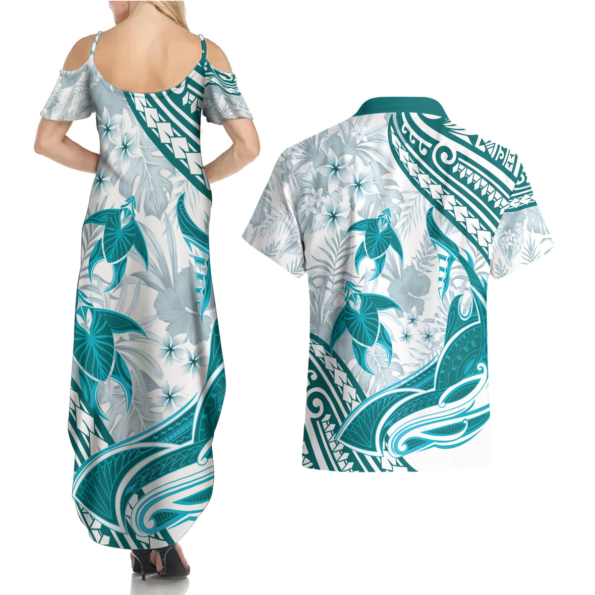Cyan Polynesia Couples Matching Summer Maxi Dress and Hawaiian Shirt Polynesian Turtle Shark Tattoo Tropical Vintage LT14 - Polynesian Pride