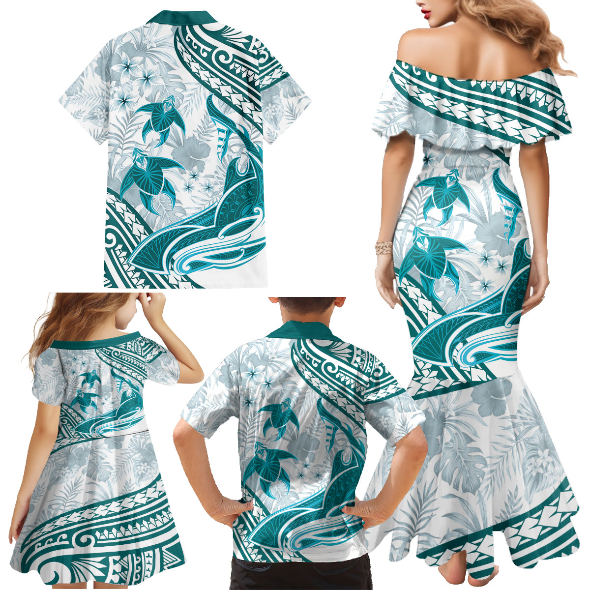 Cyan Polynesia Family Matching Mermaid Dress and Hawaiian Shirt Polynesian Turtle Shark Tattoo Tropical Vintage LT14 - Polynesian Pride