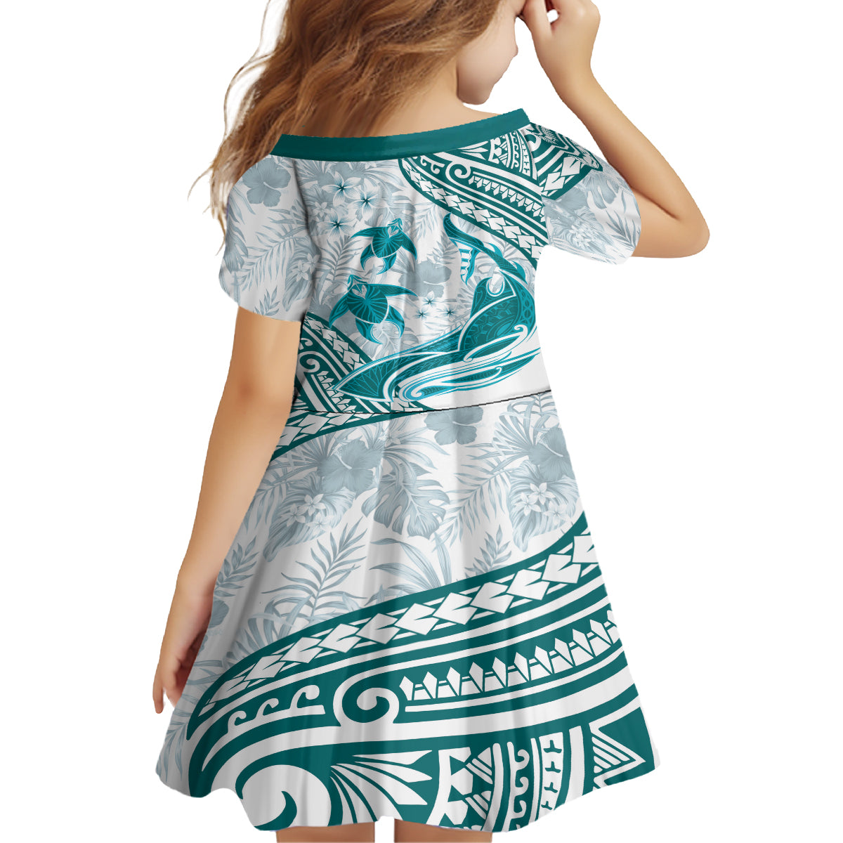 Cyan Polynesia Family Matching Off Shoulder Short Dress and Hawaiian Shirt Polynesian Turtle Shark Tattoo Tropical Vintage LT14 - Polynesian Pride