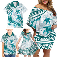 Cyan Polynesia Family Matching Off Shoulder Short Dress and Hawaiian Shirt Polynesian Turtle Shark Tattoo Tropical Vintage LT14 - Polynesian Pride