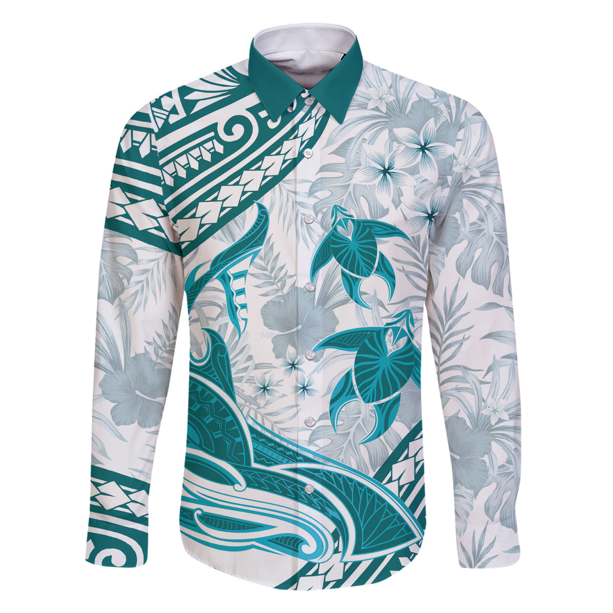 Cyan Polynesia Family Matching Off Shoulder Short Dress and Hawaiian Shirt Polynesian Turtle Shark Tattoo Tropical Vintage LT14 Dad's Shirt - Long Sleeve Cyan - Polynesian Pride