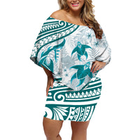 Cyan Polynesia Family Matching Off Shoulder Short Dress and Hawaiian Shirt Polynesian Turtle Shark Tattoo Tropical Vintage LT14 Mom's Dress Cyan - Polynesian Pride