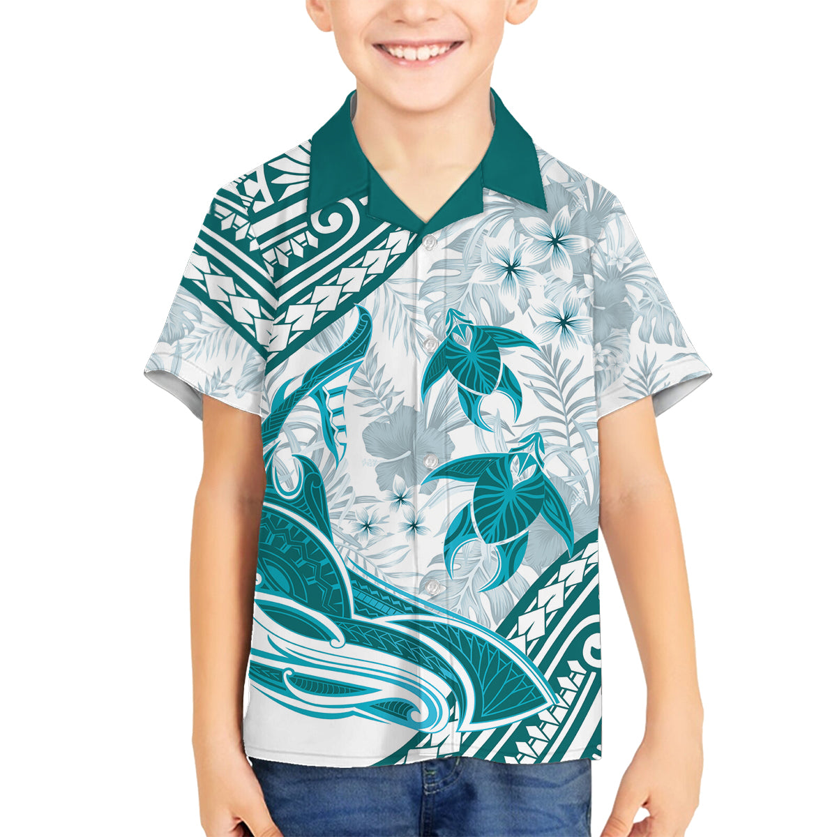 Cyan Polynesia Family Matching Summer Maxi Dress and Hawaiian Shirt Polynesian Turtle Shark Tattoo Tropical Vintage LT14 Son's Shirt Cyan - Polynesian Pride