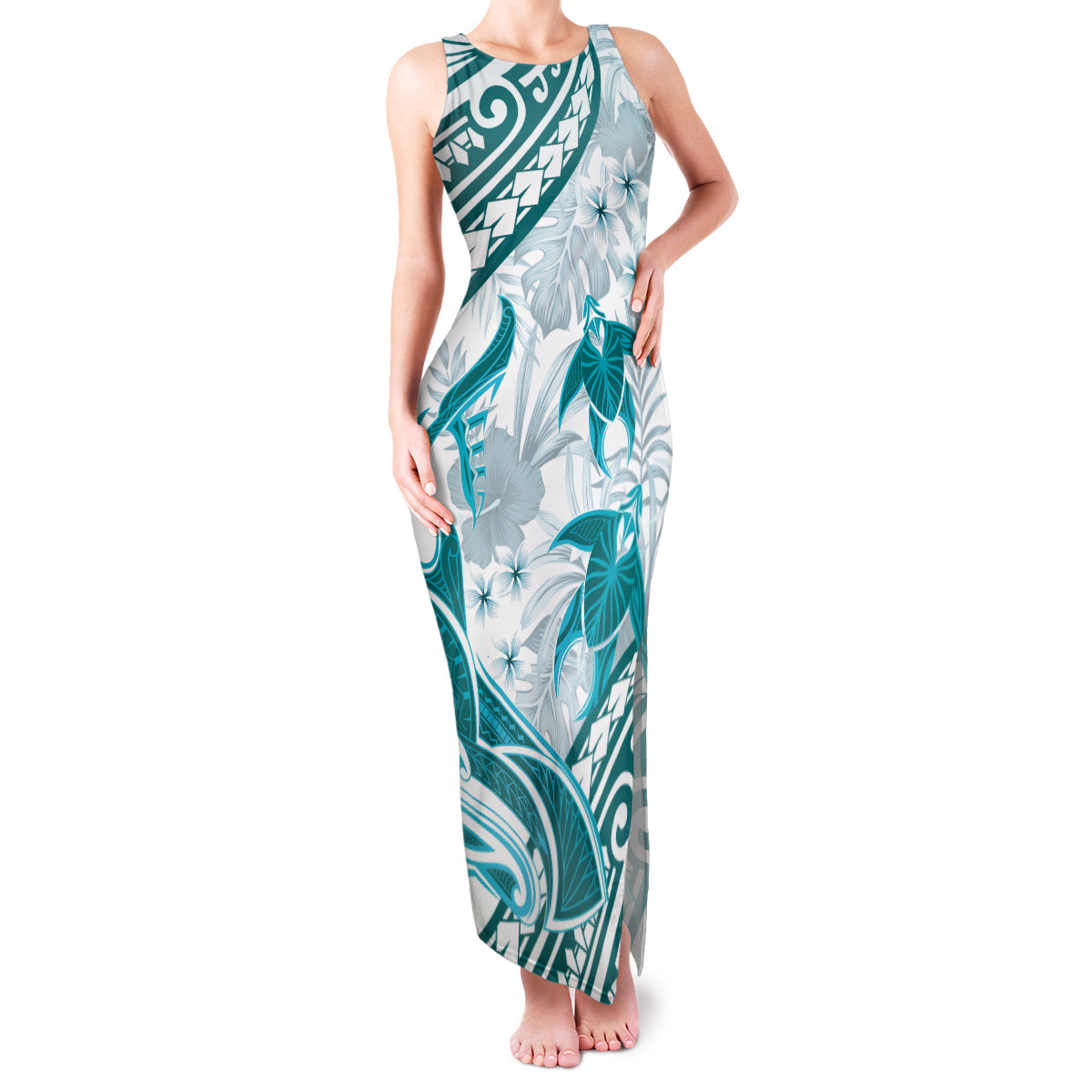 Cyan Polynesia Family Matching Tank Maxi Dress and Hawaiian Shirt Polynesian Turtle Shark Tattoo Tropical Vintage LT14 Mom's Dress Cyan - Polynesian Pride