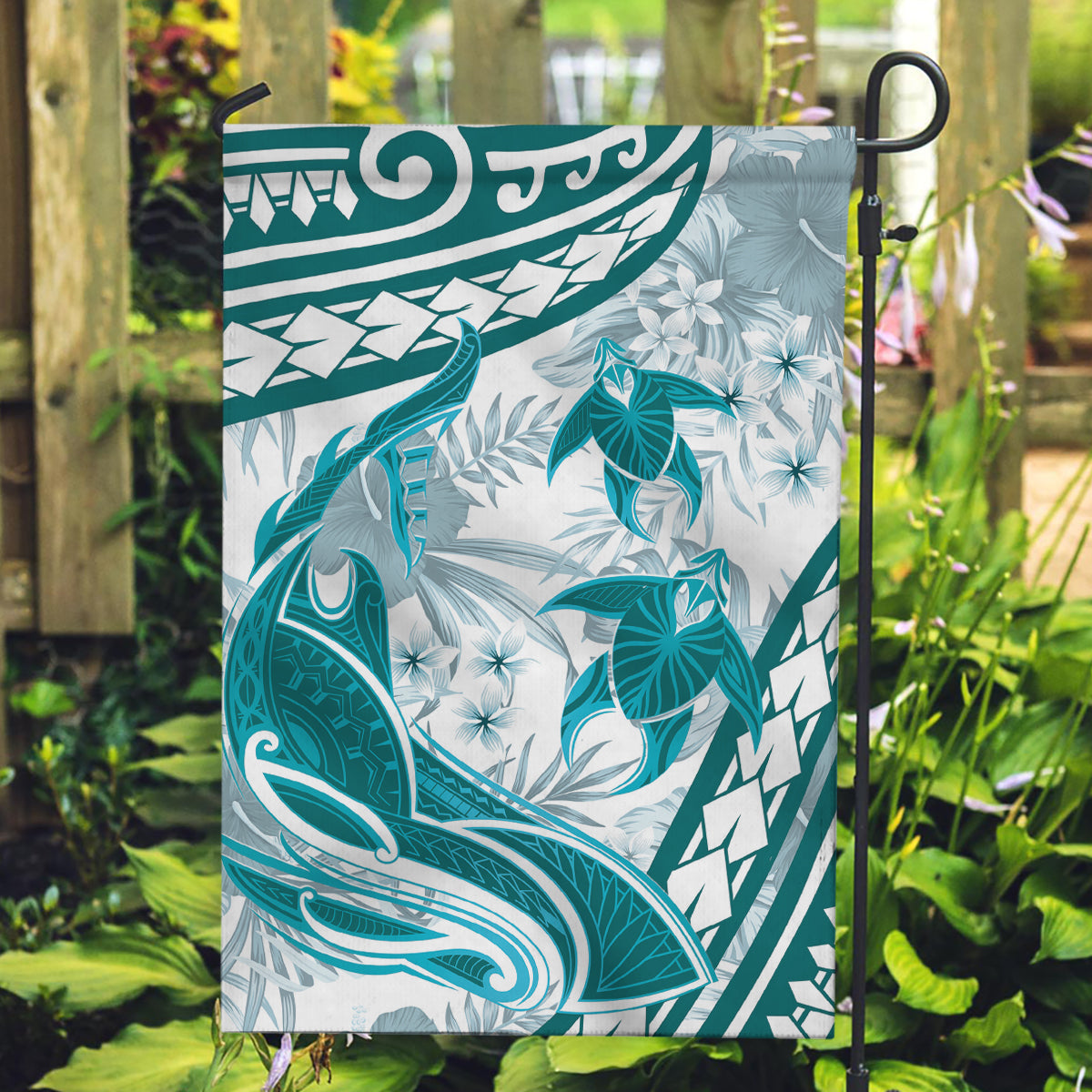 Cyan Polynesia Garden Flag Polynesian Turtle Shark Tattoo Tropical Vintage