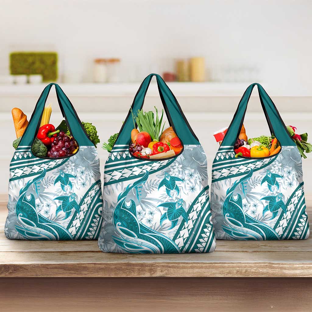 Cyan Polynesia Grocery Bag Polynesian Turtle Shark Tattoo Tropical Vintage