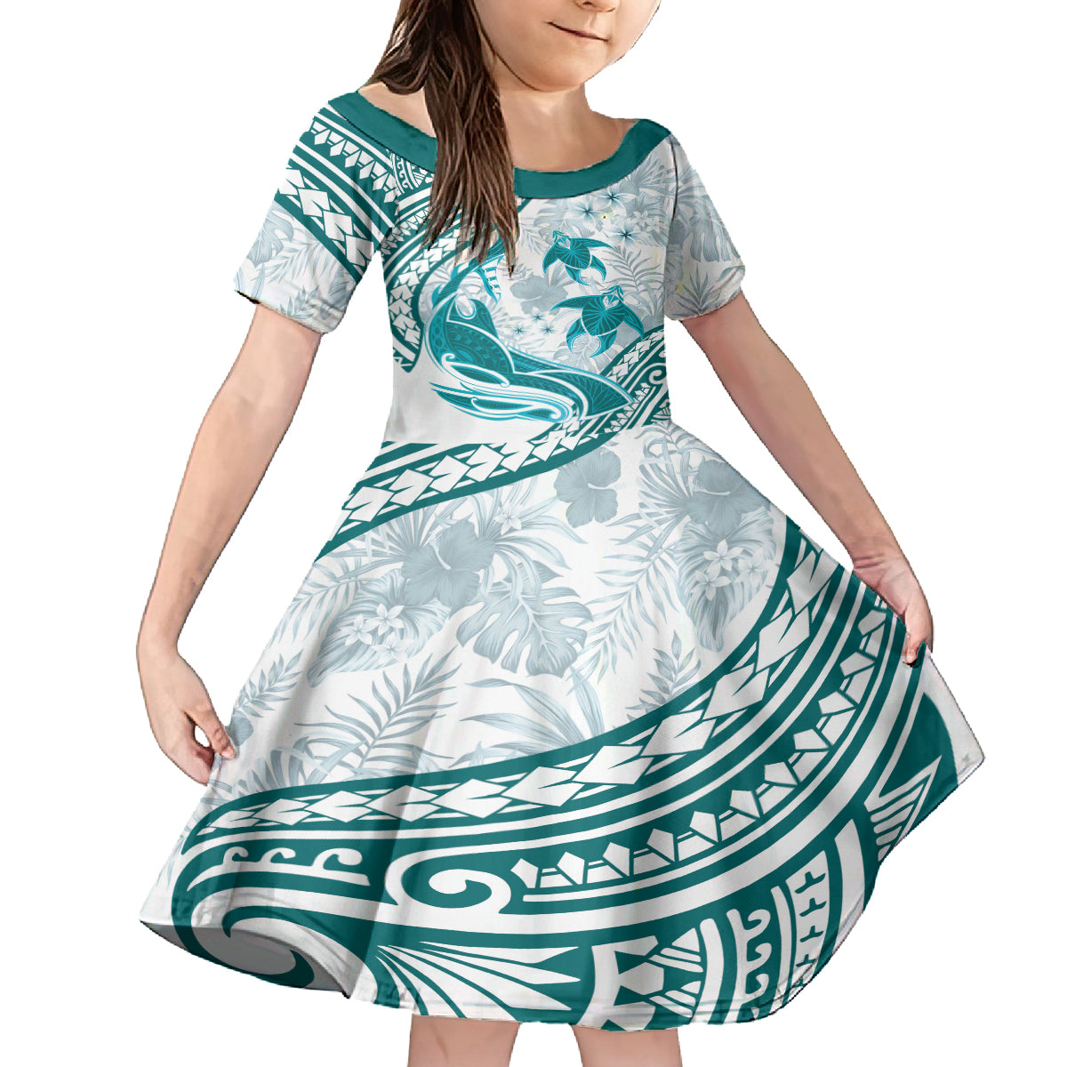 Cyan Polynesia Kid Short Sleeve Dress Polynesian Turtle Shark Tattoo Tropical Vintage LT14 KID Cyan - Polynesian Pride