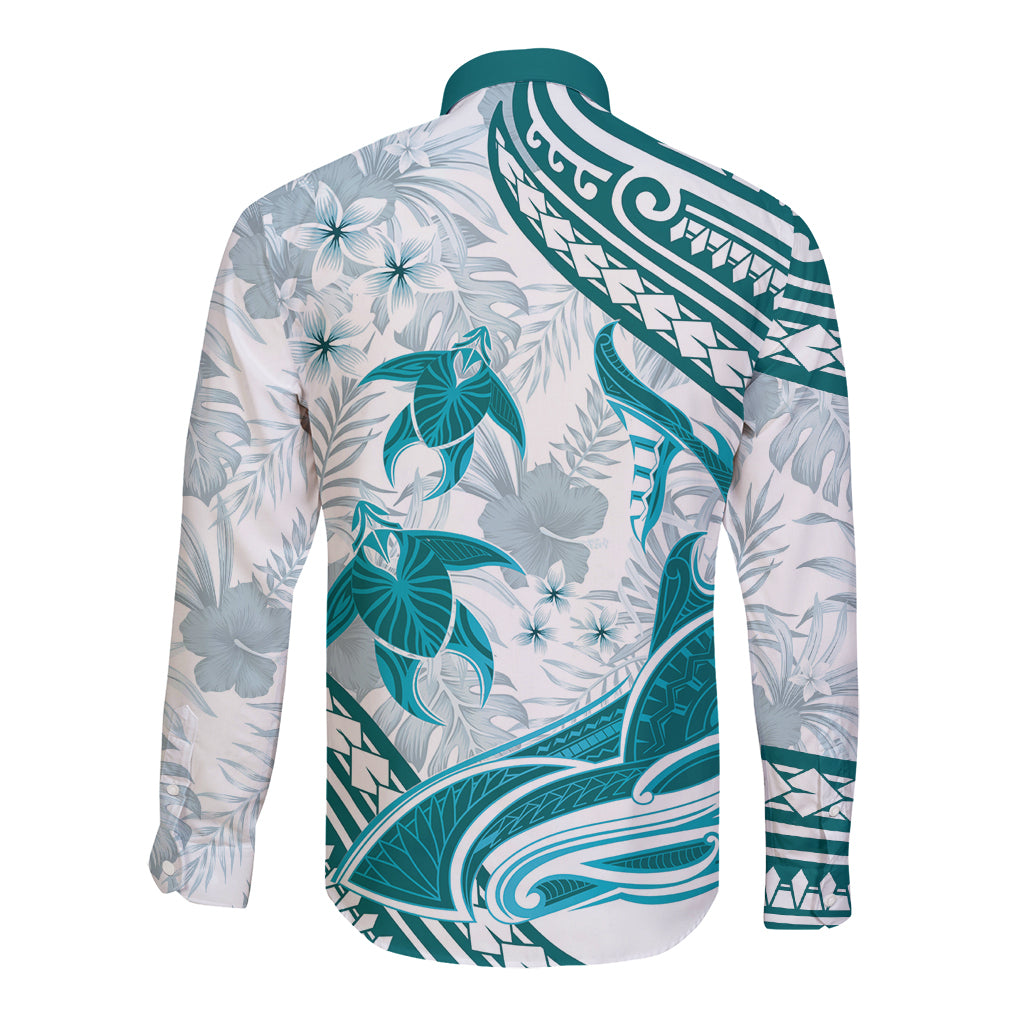 Cyan Polynesia Long Sleeve Button Shirt Polynesian Turtle Shark Tattoo Tropical Vintage LT14 - Polynesian Pride