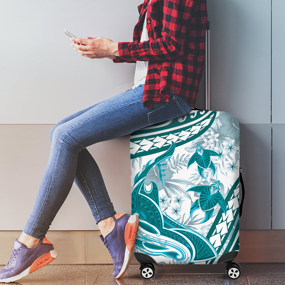 Cyan Polynesia Luggage Cover Polynesian Turtle Shark Tattoo Tropical Vintage LT14 - Polynesian Pride