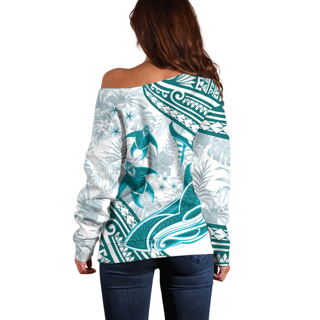 Cyan Polynesia Off Shoulder Sweater Polynesian Turtle Shark Tattoo Tropical Vintage LT14 - Polynesian Pride