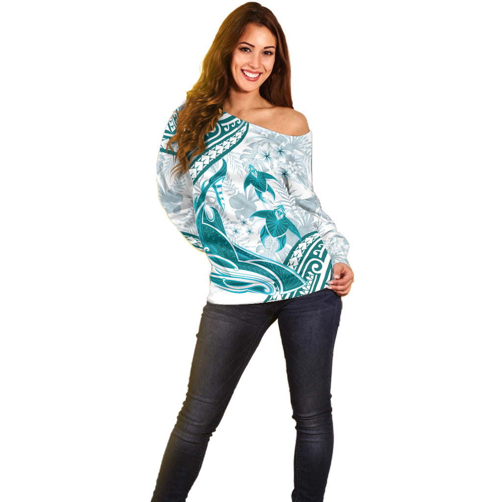 Cyan Polynesia Off Shoulder Sweater Polynesian Turtle Shark Tattoo Tropical Vintage LT14 - Polynesian Pride
