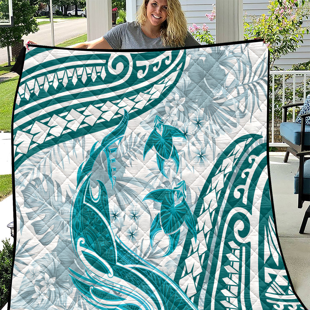 Cyan Polynesia Quilt Polynesian Turtle Shark Tattoo Tropical Vintage LT14 Cyan - Polynesian Pride