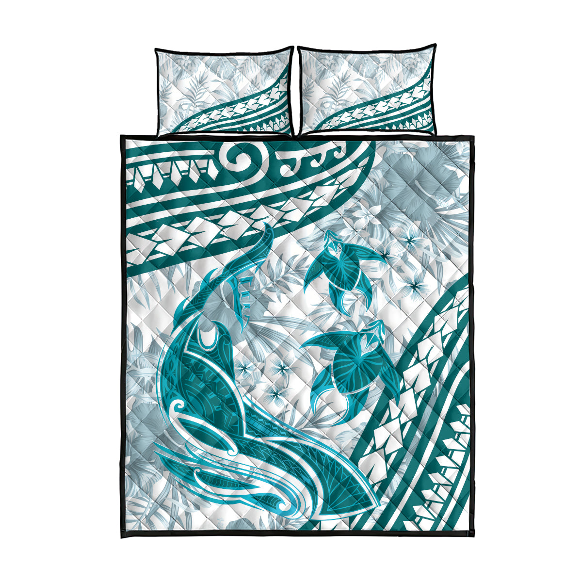 Cyan Polynesia Quilt Bed Set Polynesian Turtle Shark Tattoo Tropical Vintage