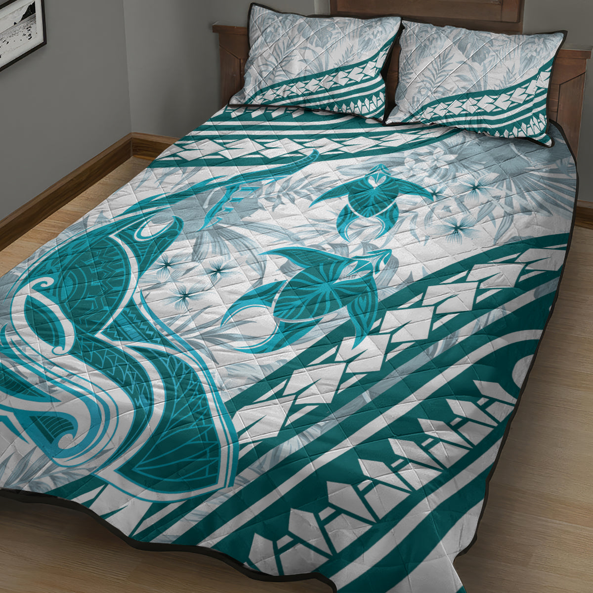 Cyan Polynesia Quilt Bed Set Polynesian Turtle Shark Tattoo Tropical Vintage