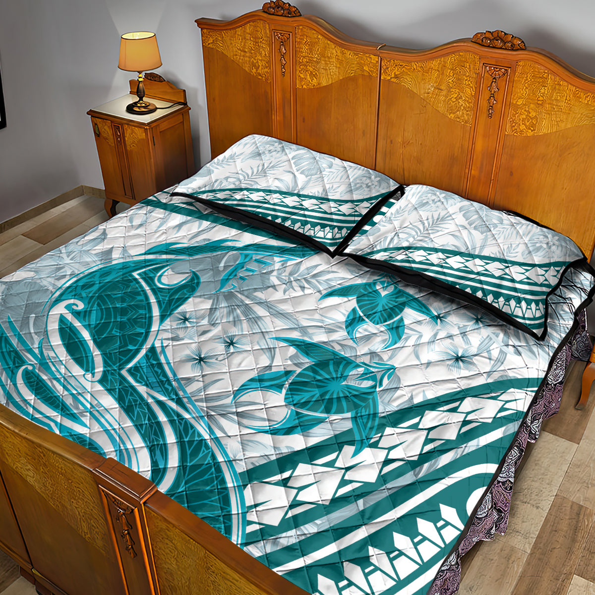 Cyan Polynesia Quilt Bed Set Polynesian Turtle Shark Tattoo Tropical Vintage