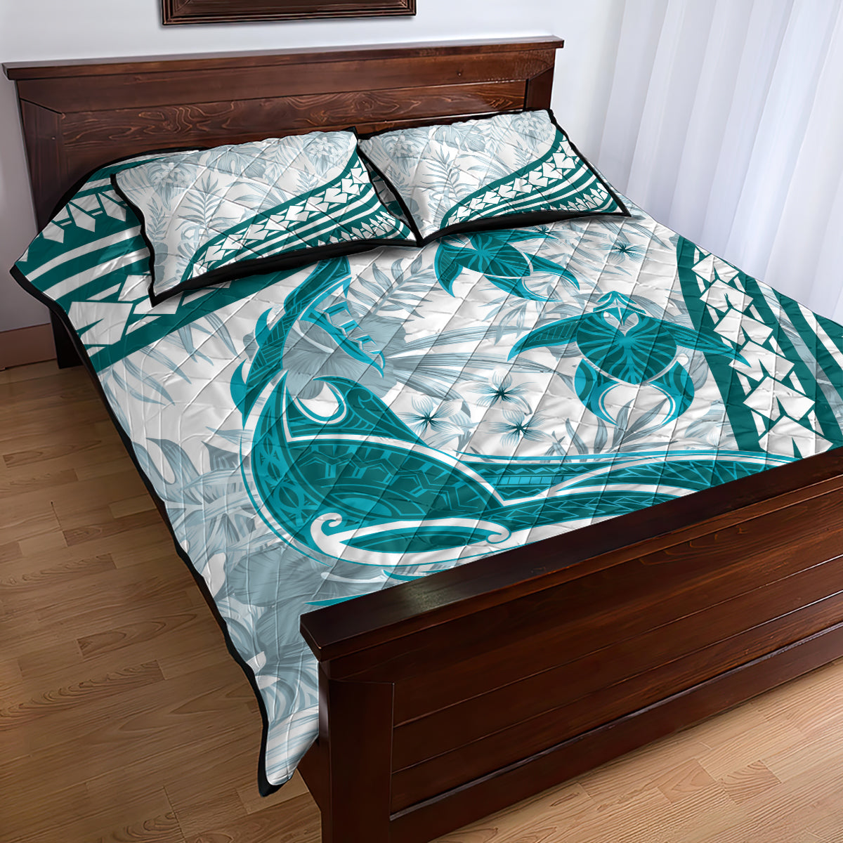 Cyan Polynesia Quilt Bed Set Polynesian Turtle Shark Tattoo Tropical Vintage