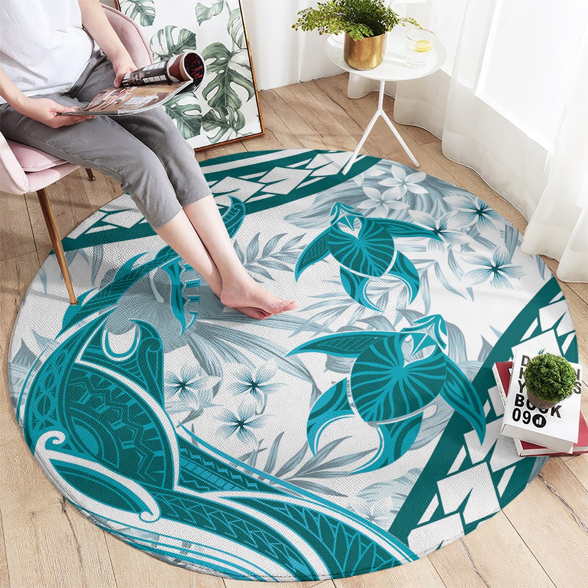 Cyan Polynesia Round Carpet Polynesian Turtle Shark Tattoo Tropical Vintage LT14 - Polynesian Pride