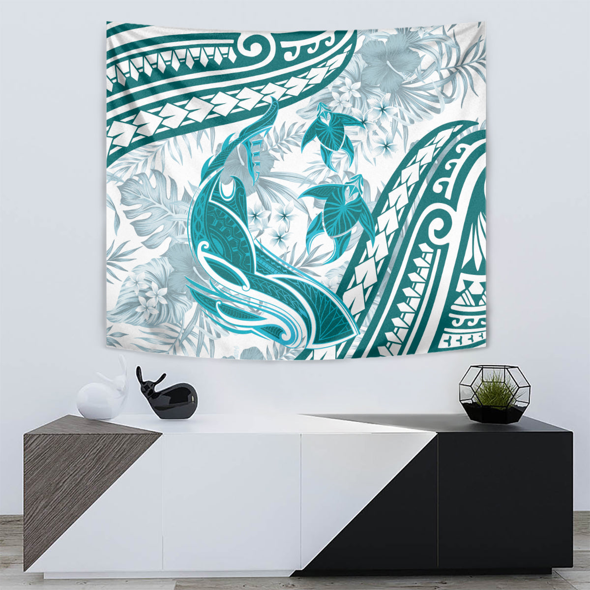 Cyan Polynesia Tapestry Polynesian Turtle Shark Tattoo Tropical Vintage