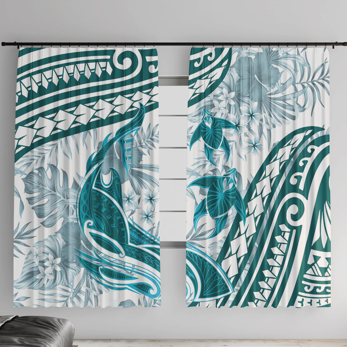 Cyan Polynesia Window Curtain Polynesian Turtle Shark Tattoo Tropical Vintage LT14 With Hooks Cyan - Polynesian Pride