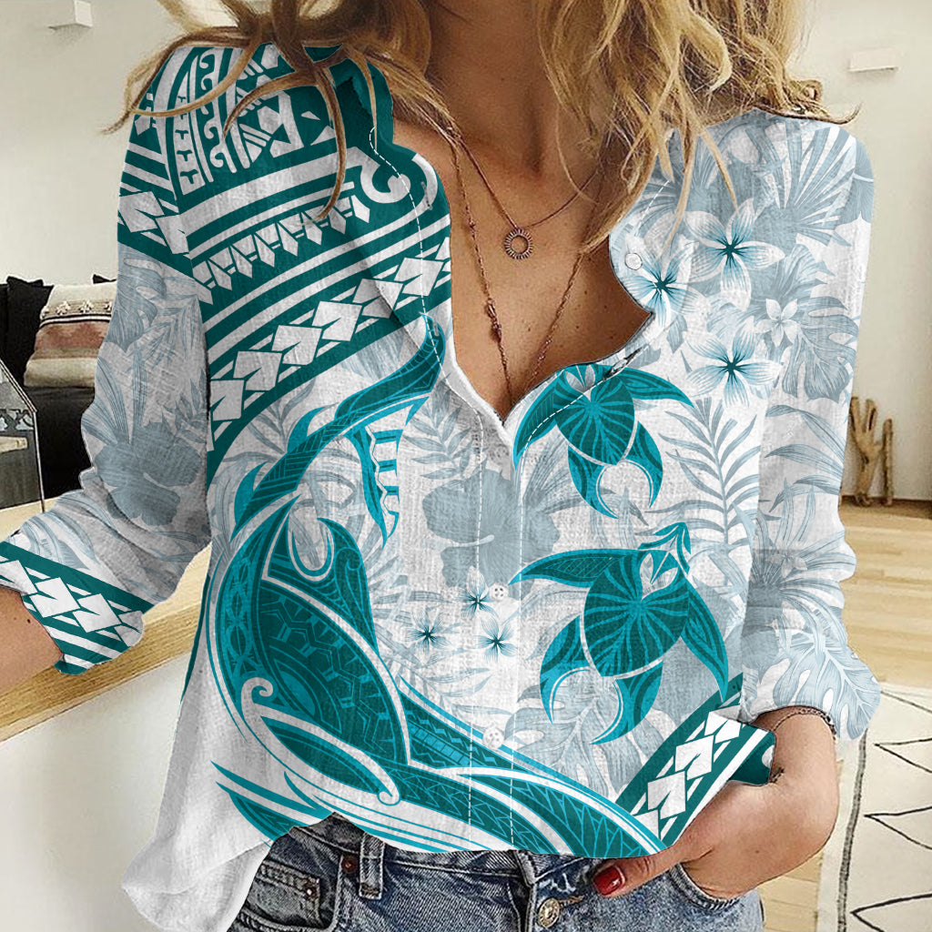 Cyan Polynesia Women Casual Shirt Polynesian Turtle Shark Tattoo Tropical Vintage LT14 Female Cyan - Polynesian Pride