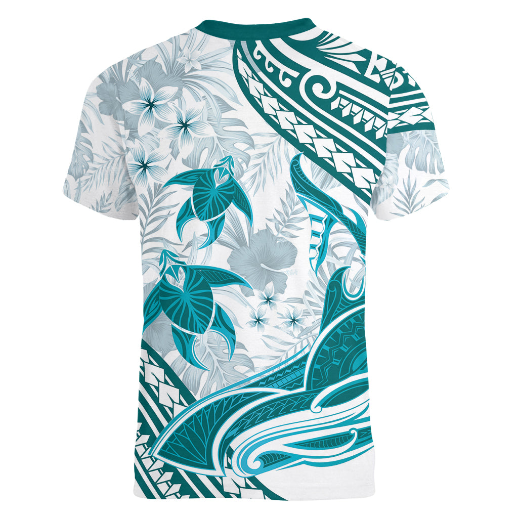 Cyan Polynesia Women V Neck T Shirt Polynesian Turtle Shark Tattoo Tropical Vintage LT14 - Polynesian Pride