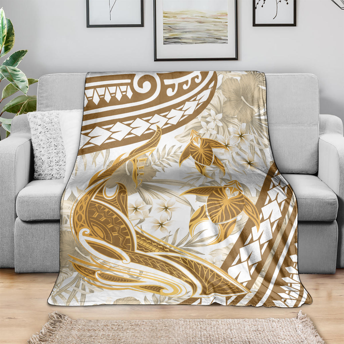 Gold Polynesia Blanket Polynesian Turtle Shark Tattoo Tropical Vintage