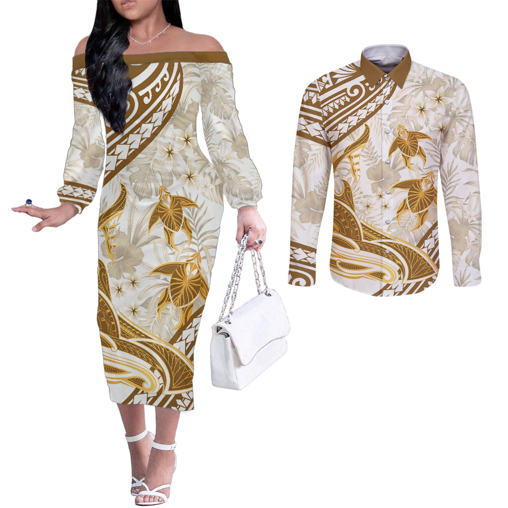 Gold Polynesia Couples Matching Off The Shoulder Long Sleeve Dress and Long Sleeve Button Shirt Polynesian Turtle Shark Tattoo Tropical Vintage LT14 Gold - Polynesian Pride