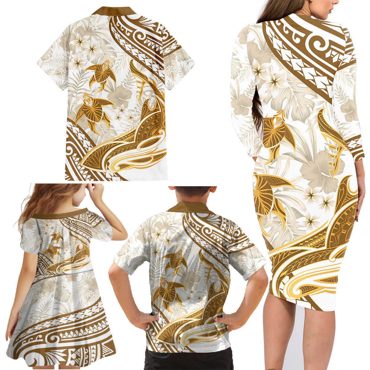 Gold Polynesia Family Matching Long Sleeve Bodycon Dress and Hawaiian Shirt Polynesian Turtle Shark Tattoo Tropical Vintage LT14 - Polynesian Pride