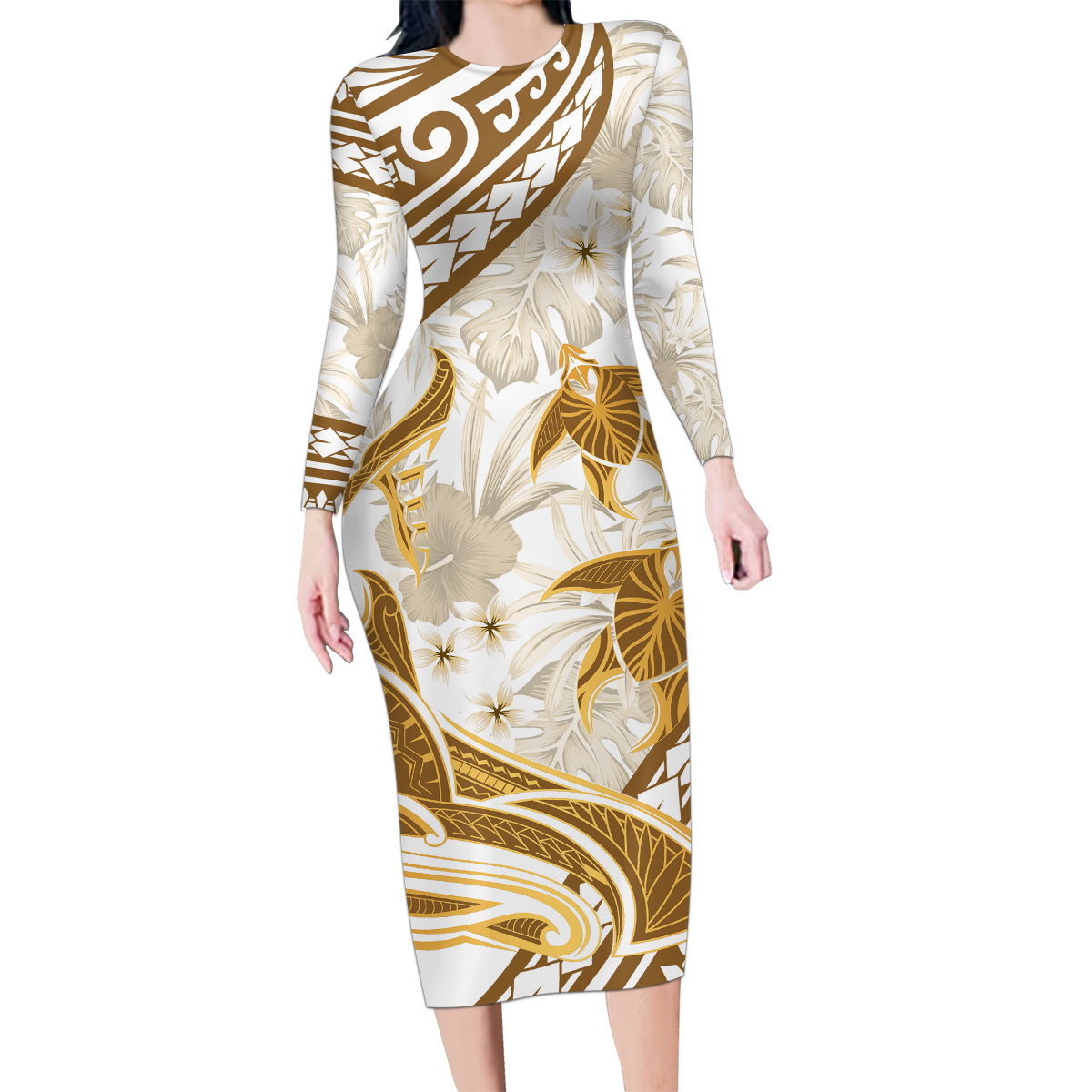 Gold Polynesia Family Matching Long Sleeve Bodycon Dress and Hawaiian Shirt Polynesian Turtle Shark Tattoo Tropical Vintage LT14 Mom's Dress Gold - Polynesian Pride