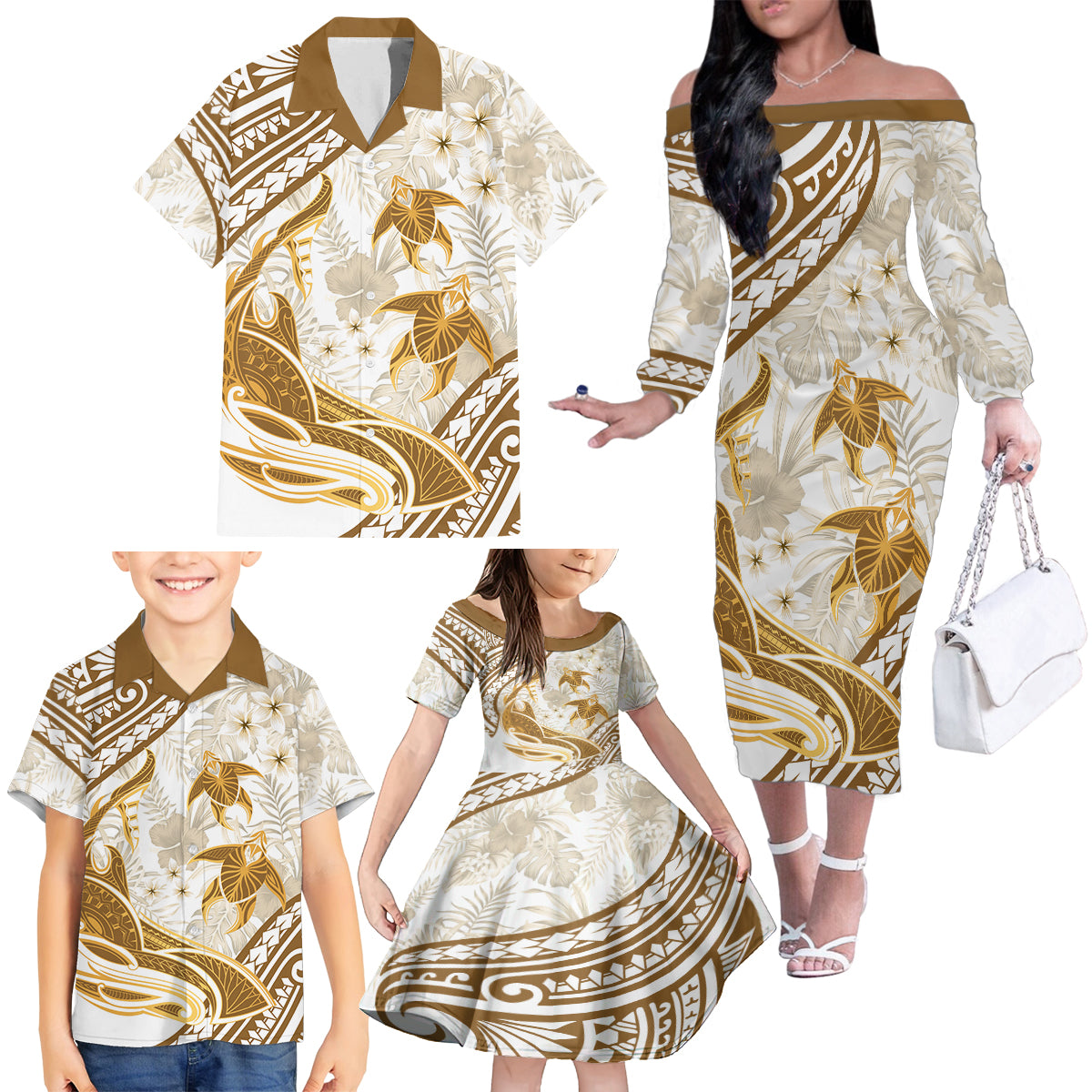 Gold Polynesia Family Matching Off Shoulder Long Sleeve Dress and Hawaiian Shirt Polynesian Turtle Shark Tattoo Tropical Vintage LT14 - Polynesian Pride