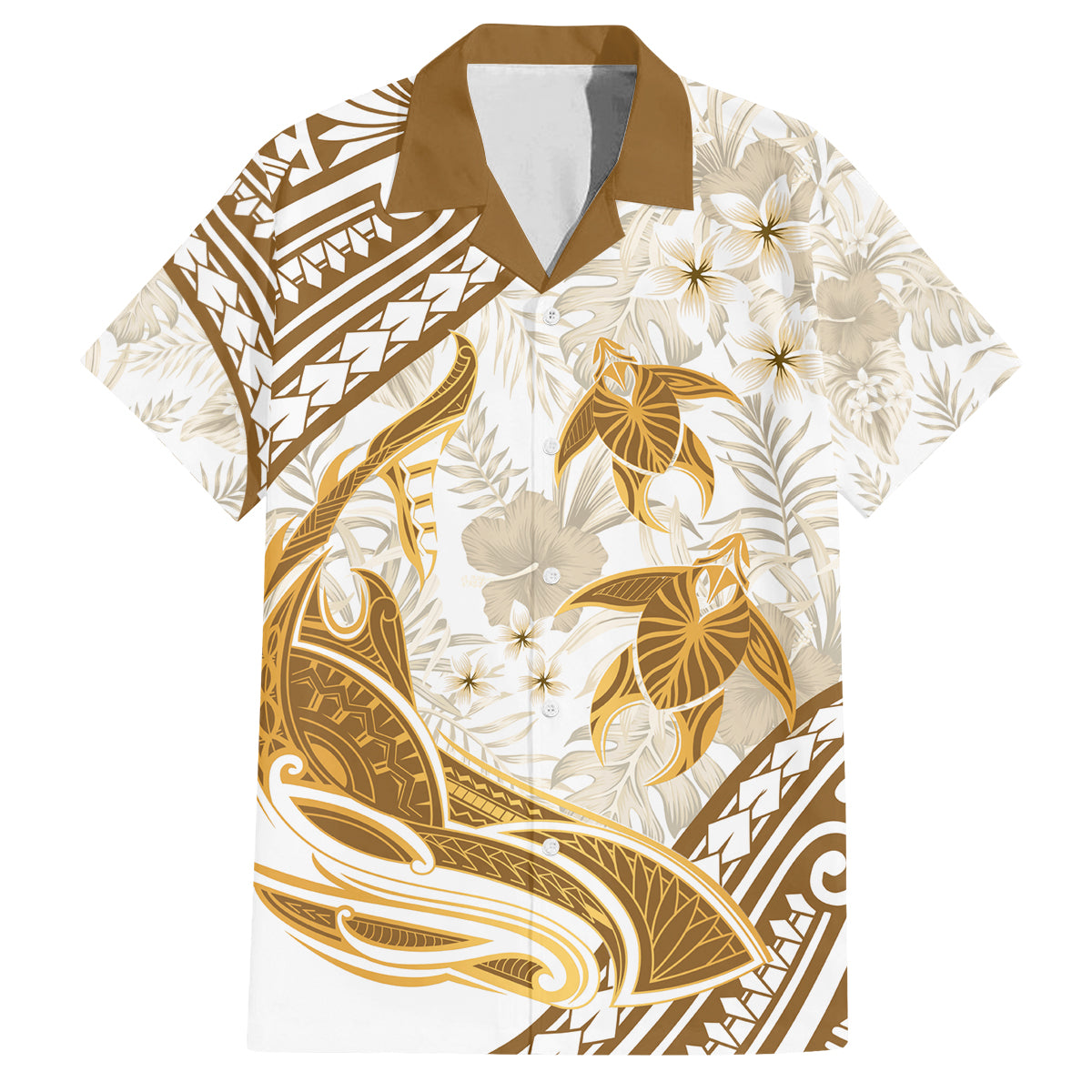 Gold Polynesia Family Matching Puletasi and Hawaiian Shirt Polynesian Turtle Shark Tattoo Tropical Vintage LT14 Dad's Shirt - Short Sleeve Gold - Polynesian Pride