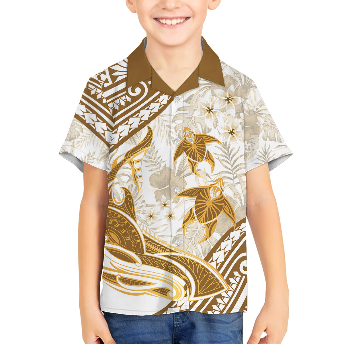 Gold Polynesia Family Matching Tank Maxi Dress and Hawaiian Shirt Polynesian Turtle Shark Tattoo Tropical Vintage LT14 Son's Shirt Gold - Polynesian Pride