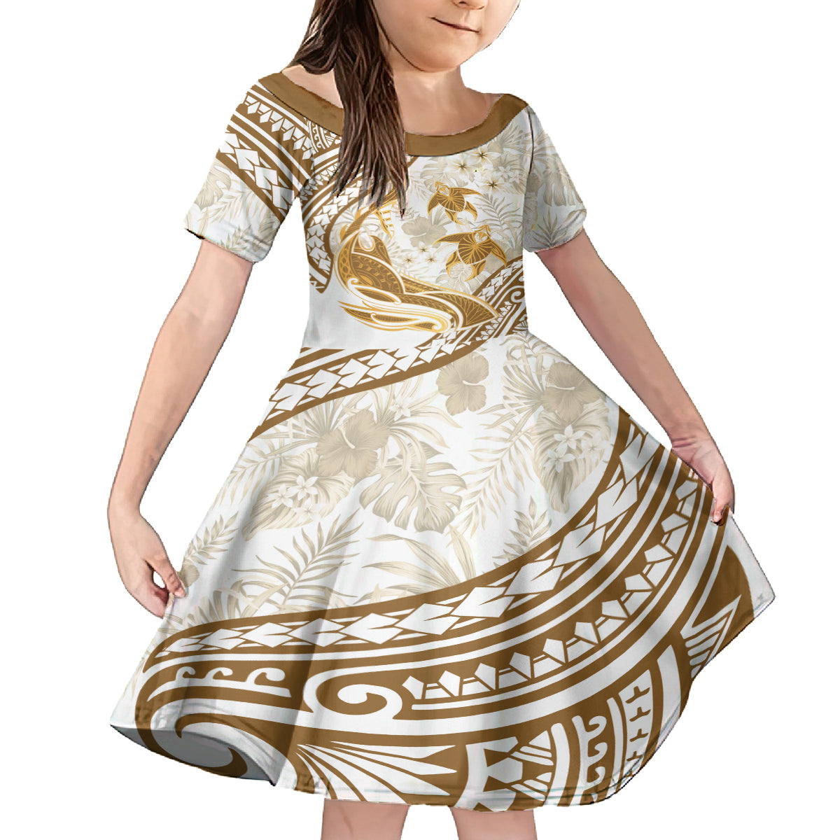 Gold Polynesia Kid Short Sleeve Dress Polynesian Turtle Shark Tattoo Tropical Vintage LT14 KID Gold - Polynesian Pride