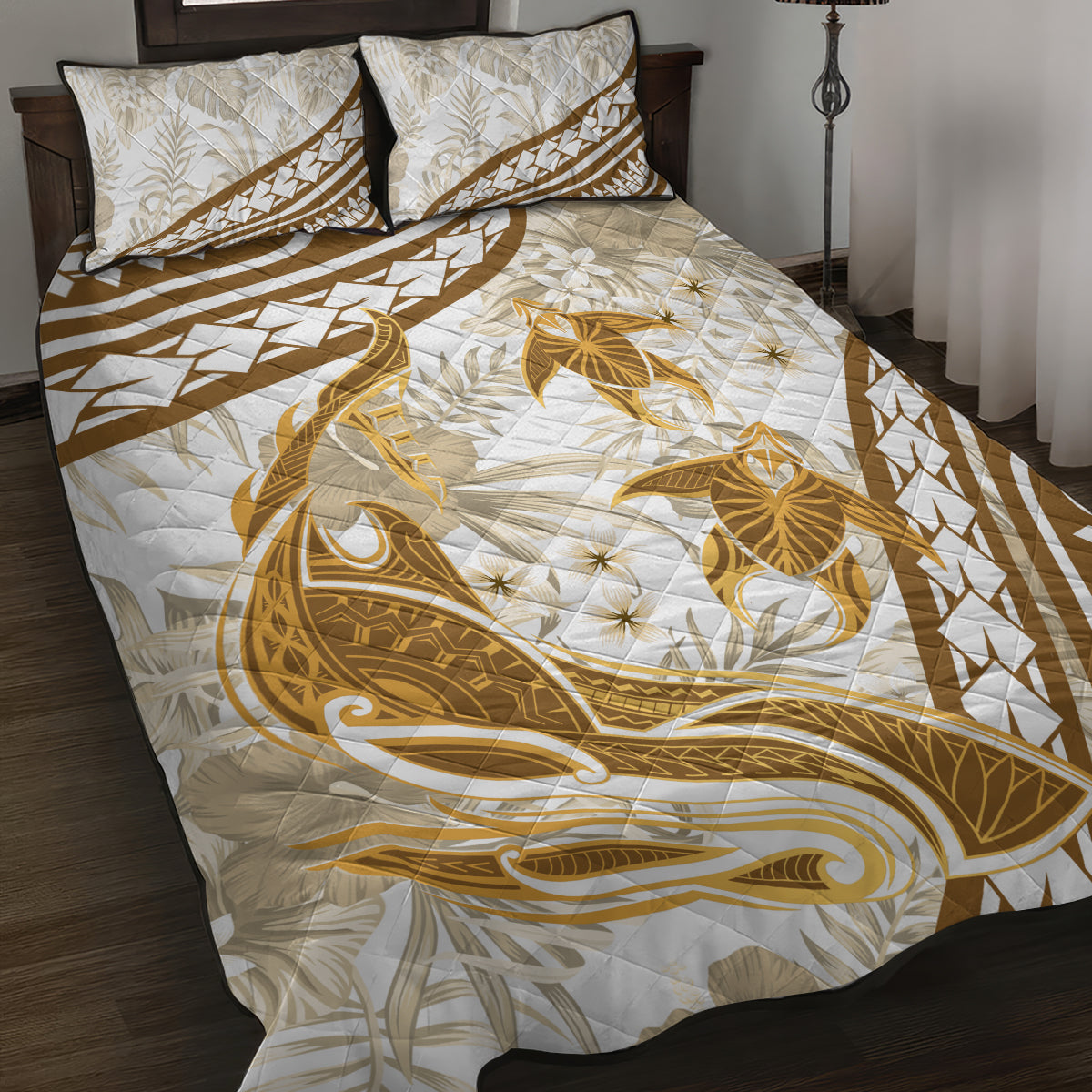 Gold Polynesia Quilt Bed Set Polynesian Turtle Shark Tattoo Tropical Vintage LT14 Gold - Polynesian Pride