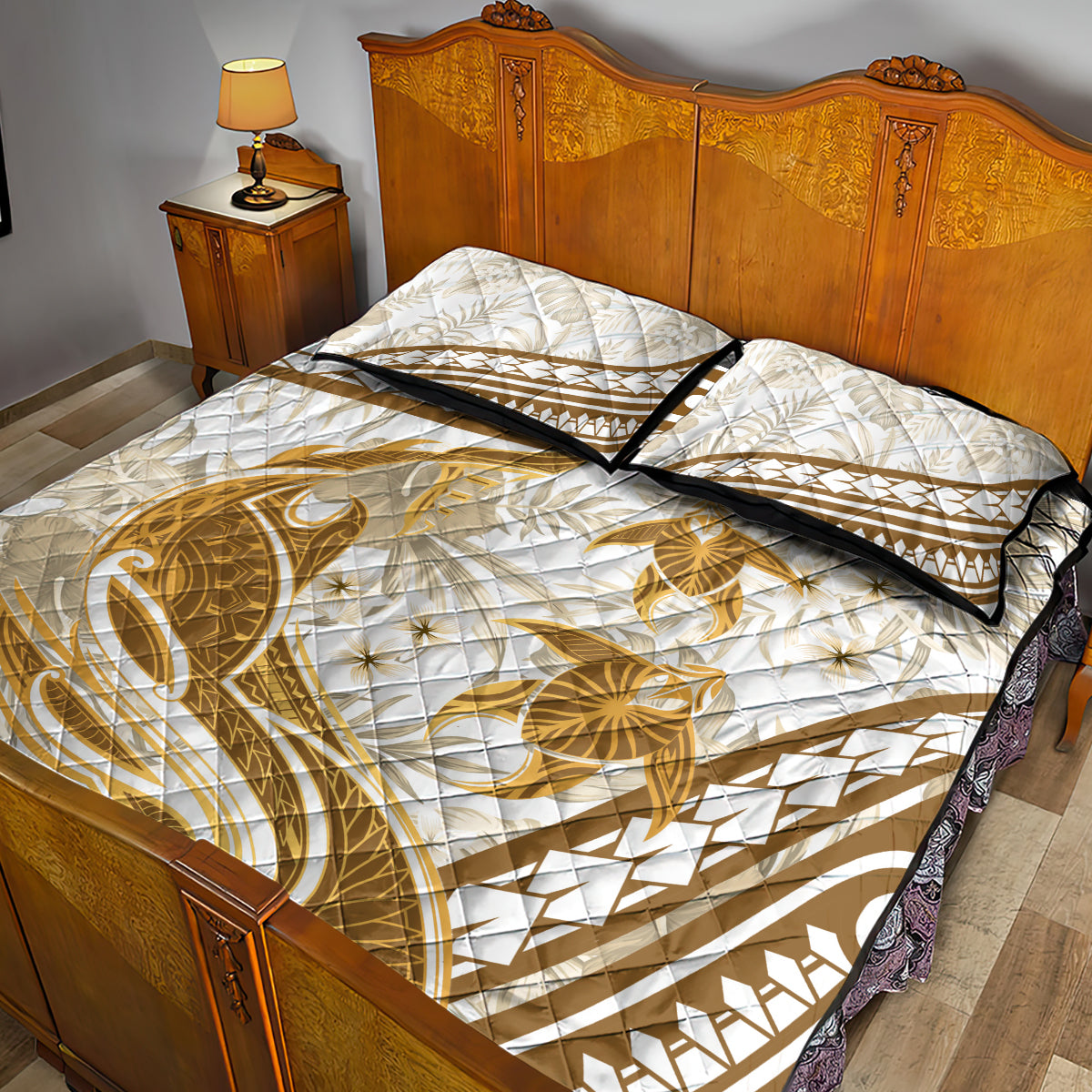 Gold Polynesia Quilt Bed Set Polynesian Turtle Shark Tattoo Tropical Vintage