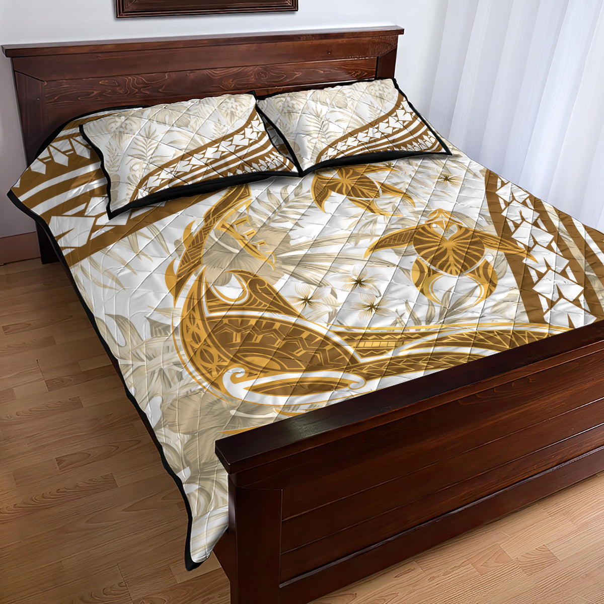 Gold Polynesia Quilt Bed Set Polynesian Turtle Shark Tattoo Tropical Vintage