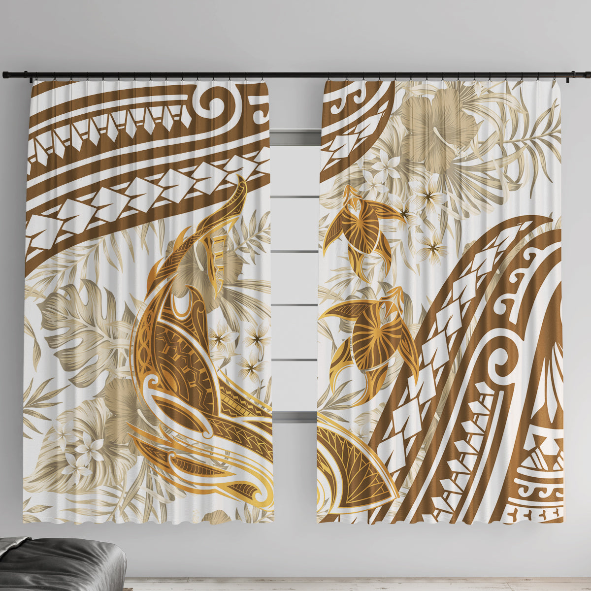 Gold Polynesia Window Curtain Polynesian Turtle Shark Tattoo Tropical Vintage LT14 With Hooks Gold - Polynesian Pride